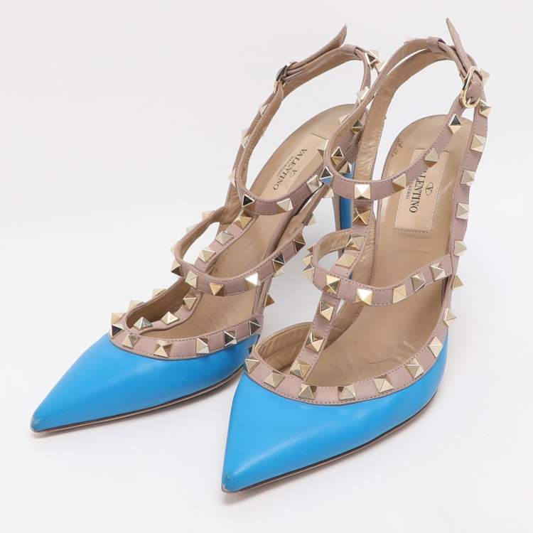 Pre Owned Valentino Rockstud Size 38 Blue/Nude Leather Ankle Strap Pumps
