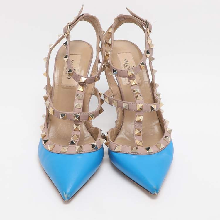 Pre Owned Valentino Rockstud Size 38 Blue/Nude Leather Ankle Strap Pumps