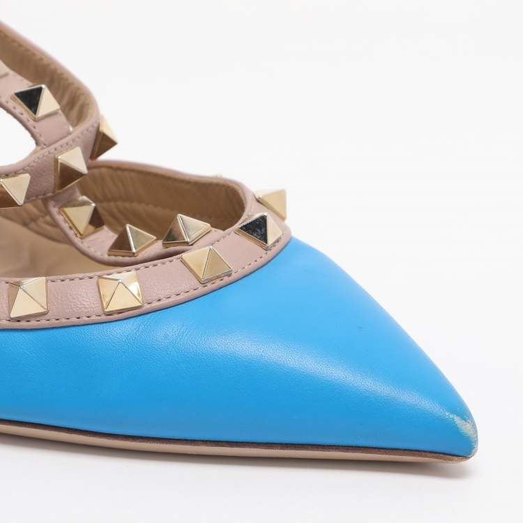 Pre Owned Valentino Rockstud Size 38 Blue/Nude Leather Ankle Strap Pumps