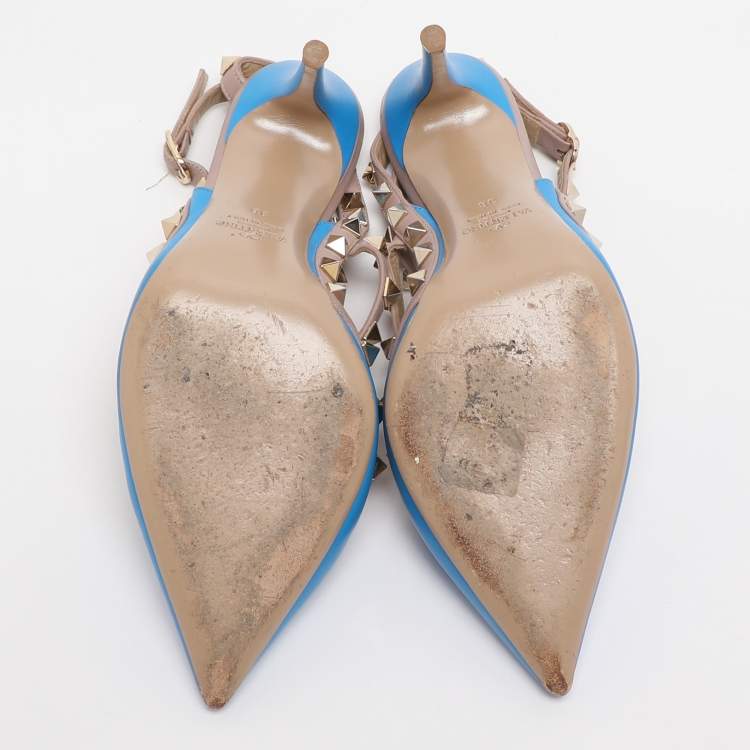 Pre Owned Valentino Rockstud Size 38 Blue/Nude Leather Ankle Strap Pumps