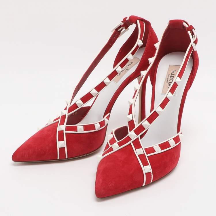 Pre Owned Valentino Rockstud Size 40 Red Suede Cross Strap Pumps