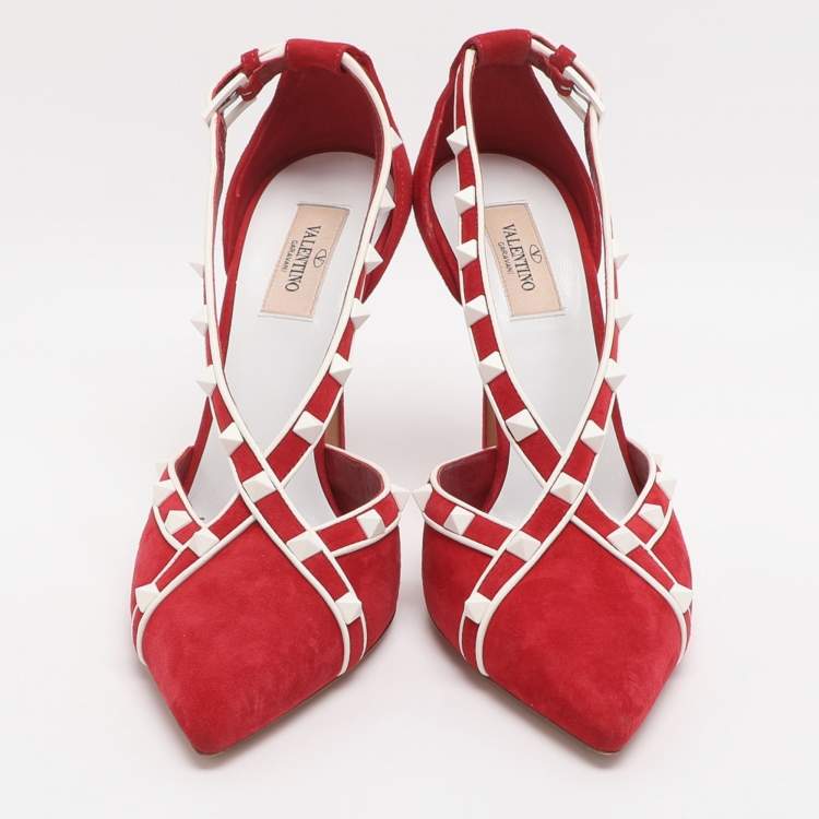 Pre Owned Valentino Rockstud Size 40 Red Suede Cross Strap Pumps