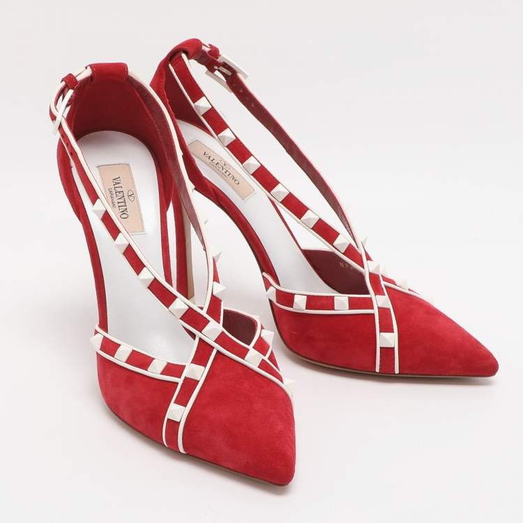 Pre Owned Valentino Rockstud Size 40 Red Suede Cross Strap Pumps