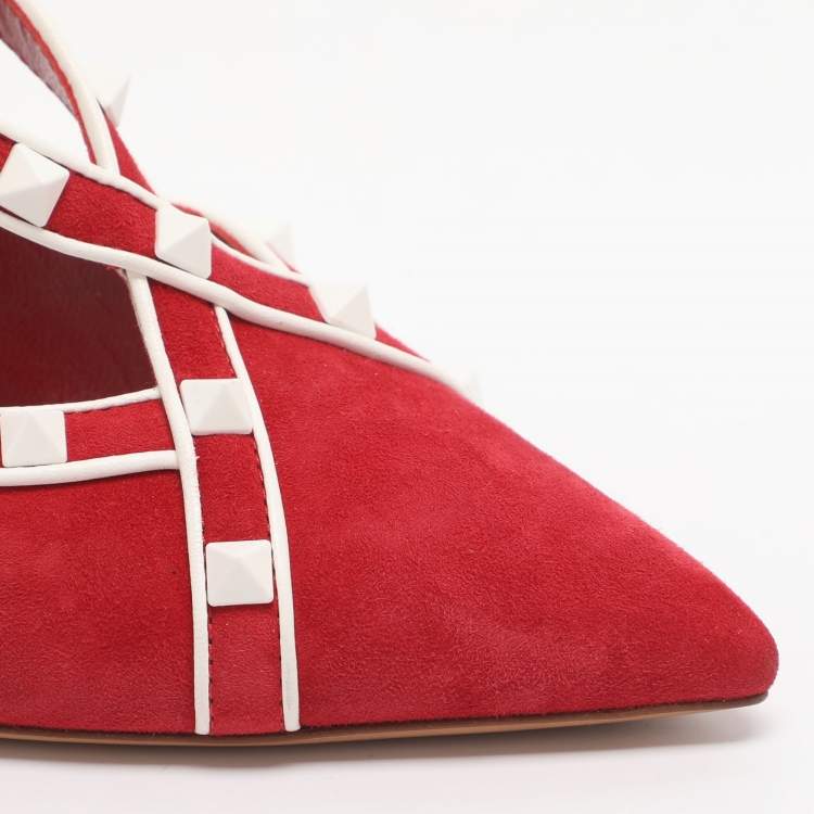 Pre Owned Valentino Rockstud Size 40 Red Suede Cross Strap Pumps