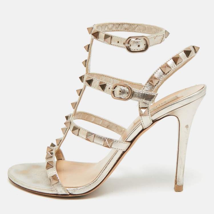 Pre Owned Valentino Rockstud Size 36 Gold Leather Ankle Strap Sandals
