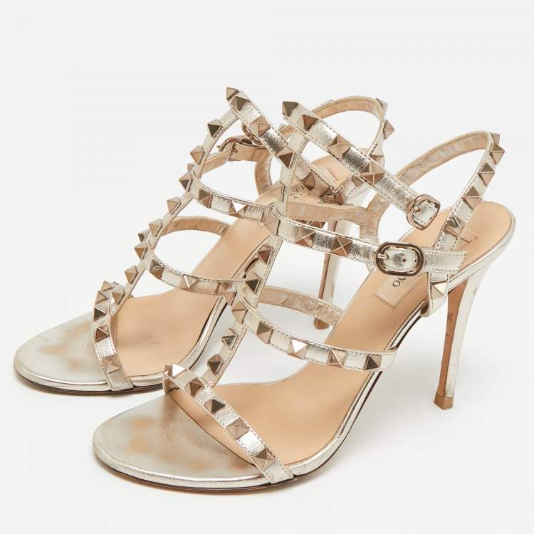 Pre Owned Valentino Rockstud Size 36 Gold Leather Ankle Strap Sandals