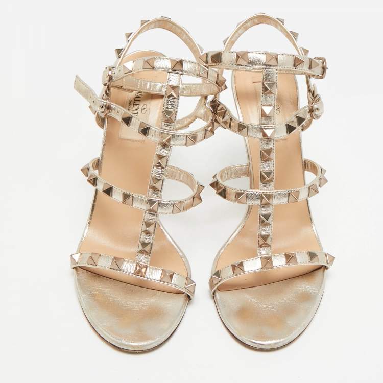 Pre Owned Valentino Rockstud Size 36 Gold Leather Ankle Strap Sandals