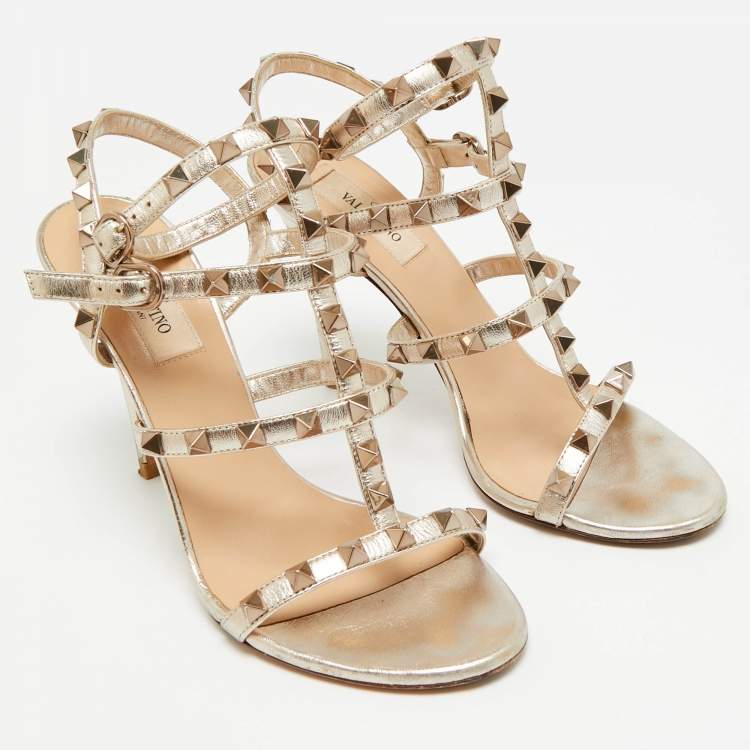 Pre Owned Valentino Rockstud Size 36 Gold Leather Ankle Strap Sandals