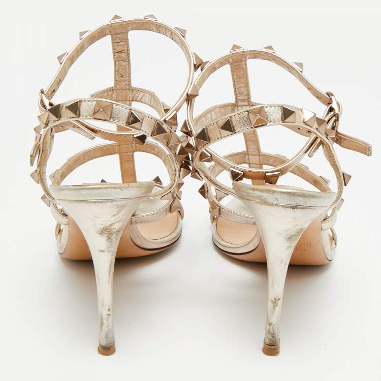 Pre Owned Valentino Rockstud Size 36 Gold Leather Ankle Strap Sandals