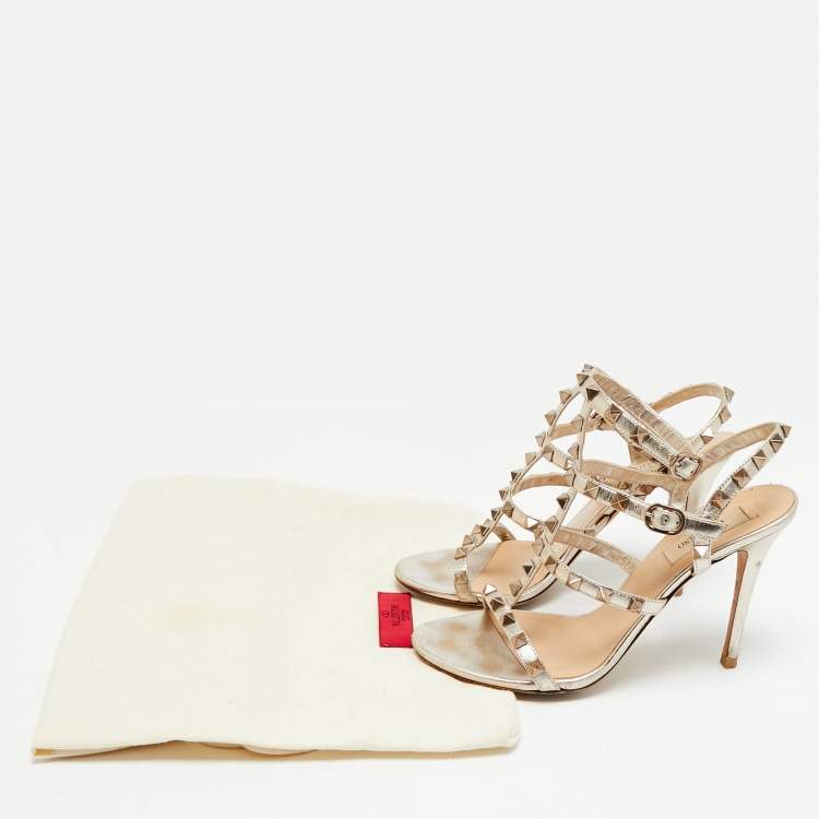 Pre Owned Valentino Rockstud Size 36 Gold Leather Ankle Strap Sandals