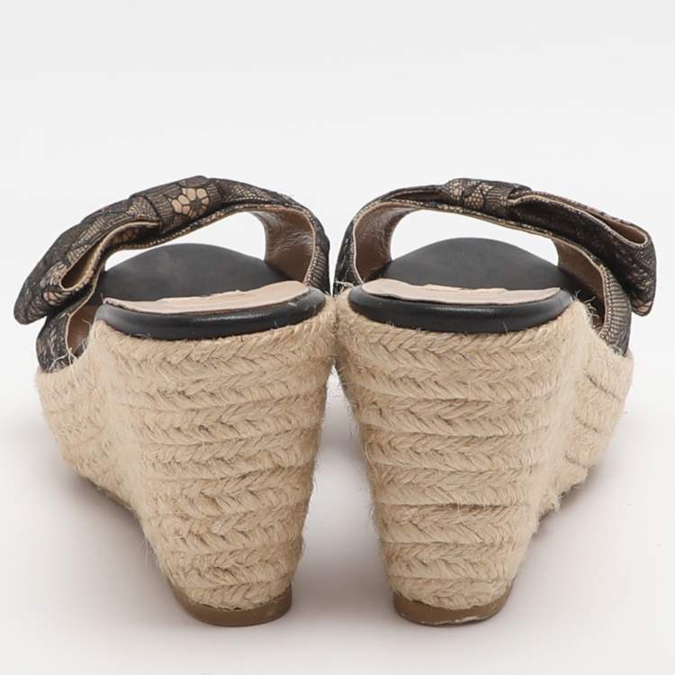 Pre Owned Valentino Bow Size 36.5 Black Lace Espadrille Wedge Sandals