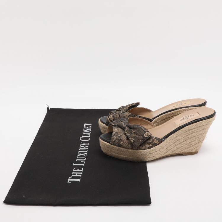 Pre Owned Valentino Bow Size 36.5 Black Lace Espadrille Wedge Sandals