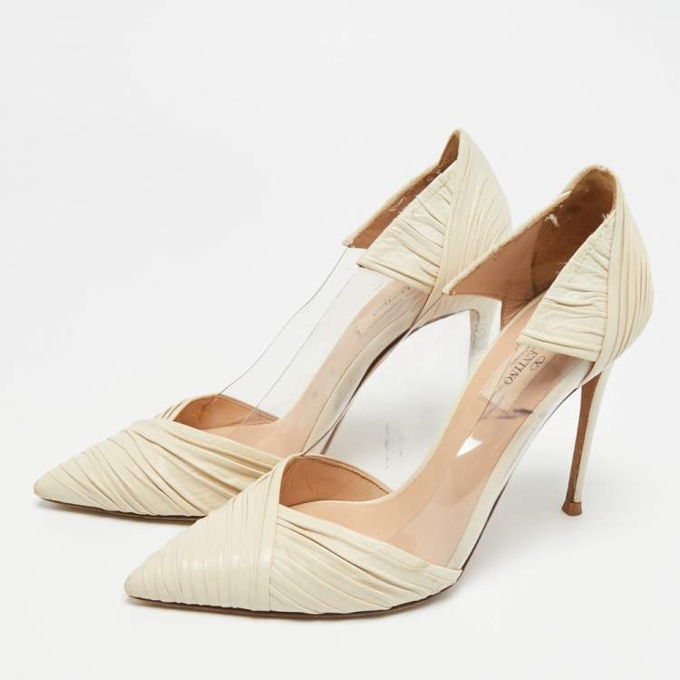 Pre Owned Valentino B-Drape Size 38.5 Beige Leather and PVC Pumps