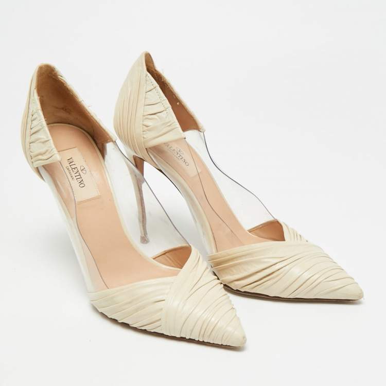 Pre Owned Valentino B-Drape Size 38.5 Beige Leather and PVC Pumps