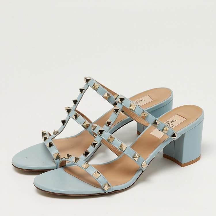 Pre Owned Valentino Rockstud Size 39 Blue Leather Slide Sandals