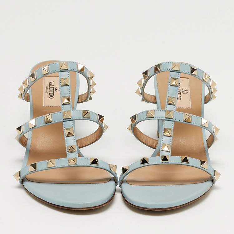 Pre Owned Valentino Rockstud Size 39 Blue Leather Slide Sandals