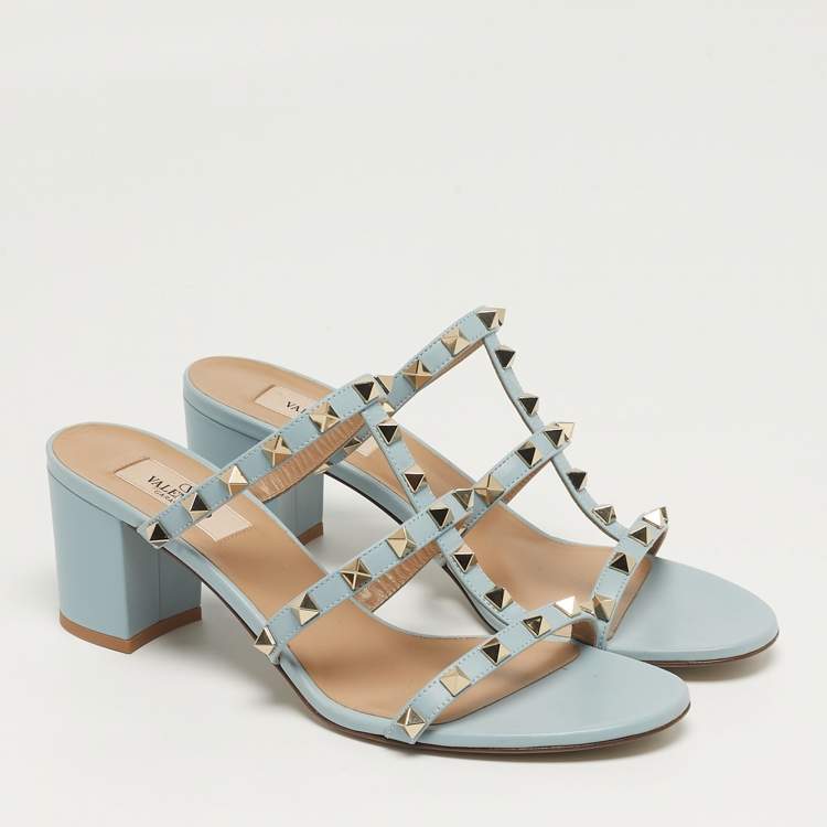 Pre Owned Valentino Rockstud Size 39 Blue Leather Slide Sandals