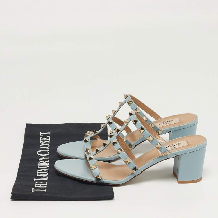 Pre Owned Valentino Rockstud Size 39 Blue Leather Slide Sandals