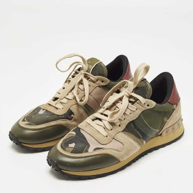 Pre Owned Valentino Rockrunner Size 39 Multicolor Leather and Suede Camouflage Low Top Sneakers