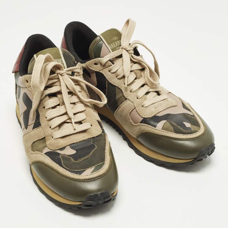 Pre Owned Valentino Rockrunner Size 39 Multicolor Leather and Suede Camouflage Low Top Sneakers