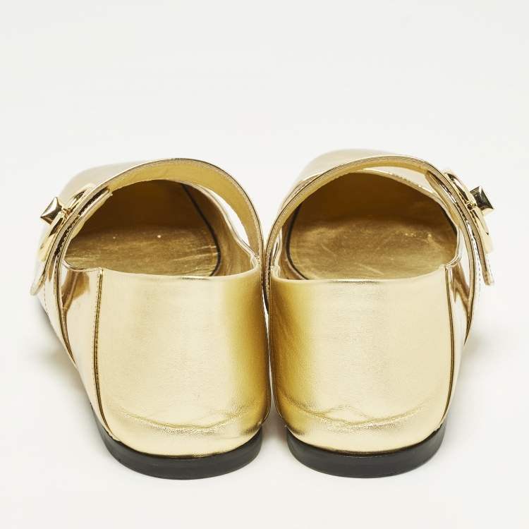 Pre Owned Valentino VLogo Size 40 Gold Leather and Patent Leather Mary-James Ballet Flats