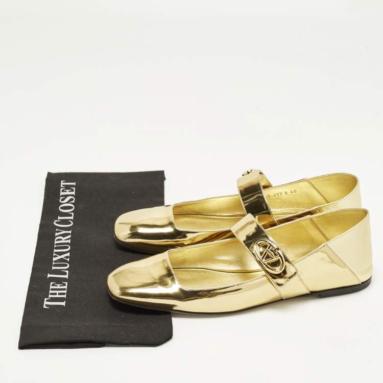 Pre Owned Valentino VLogo Size 40 Gold Leather and Patent Leather Mary-James Ballet Flats