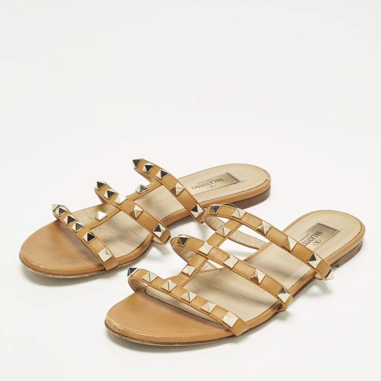 Pre Owned Valentino Rockstud Size 35 Brown Leather Flat Slide