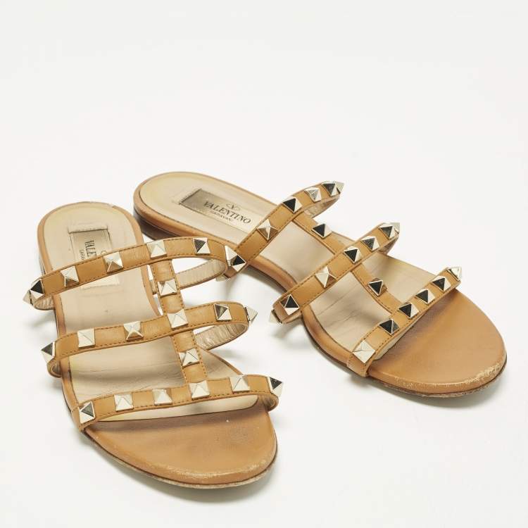 Pre Owned Valentino Rockstud Size 35 Brown Leather Flat Slide