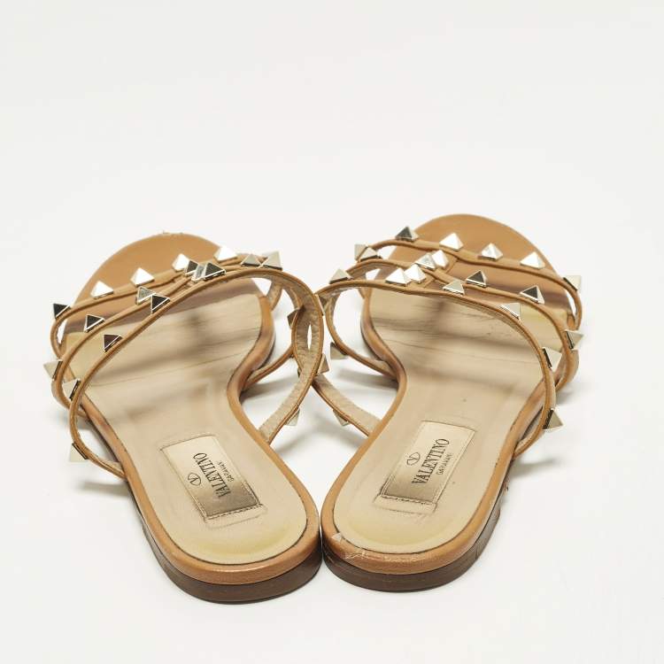 Pre Owned Valentino Rockstud Size 35 Brown Leather Flat Slide
