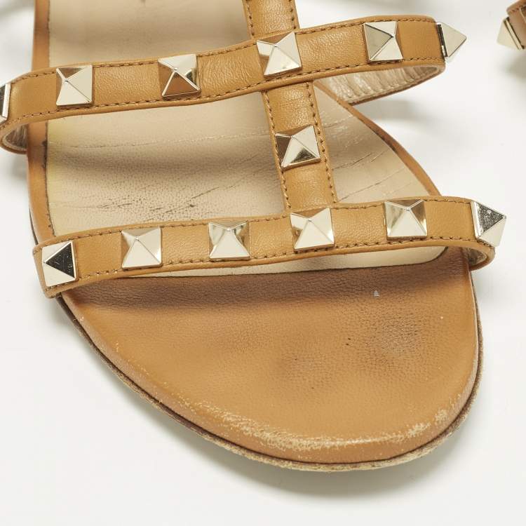 Pre Owned Valentino Rockstud Size 35 Brown Leather Flat Slide