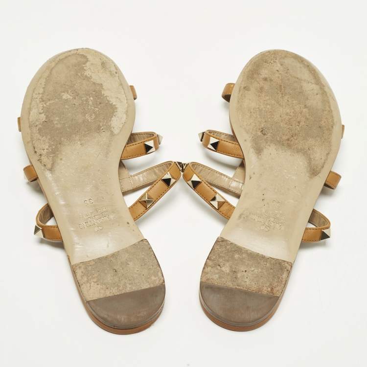 Pre Owned Valentino Rockstud Size 35 Brown Leather Flat Slide