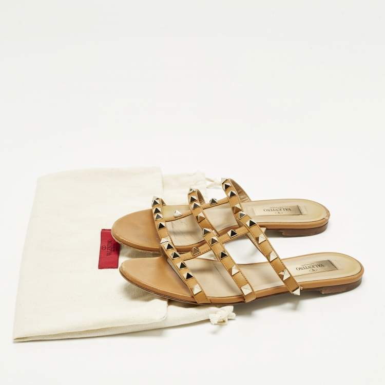 Pre Owned Valentino Rockstud Size 35 Brown Leather Flat Slide