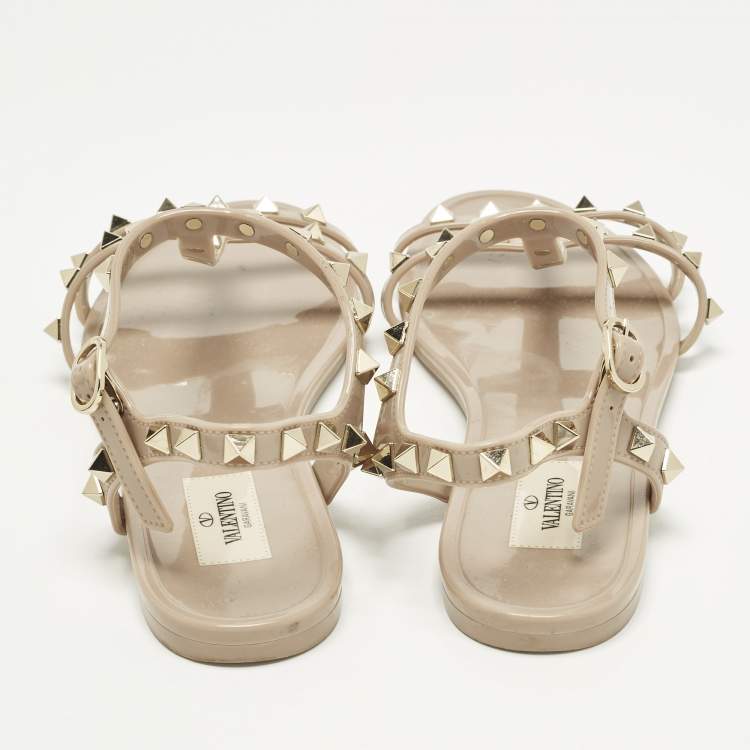 Pre Owned Valentino Rockstud Size 38 Beige Rubber Ankle Strap Flat Sandals