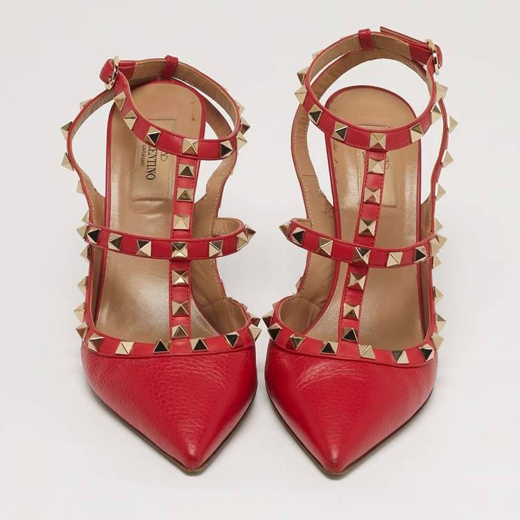 Pre Owned Valentino Rockstud Size 39 Red Leather Ankle Strap Pumps