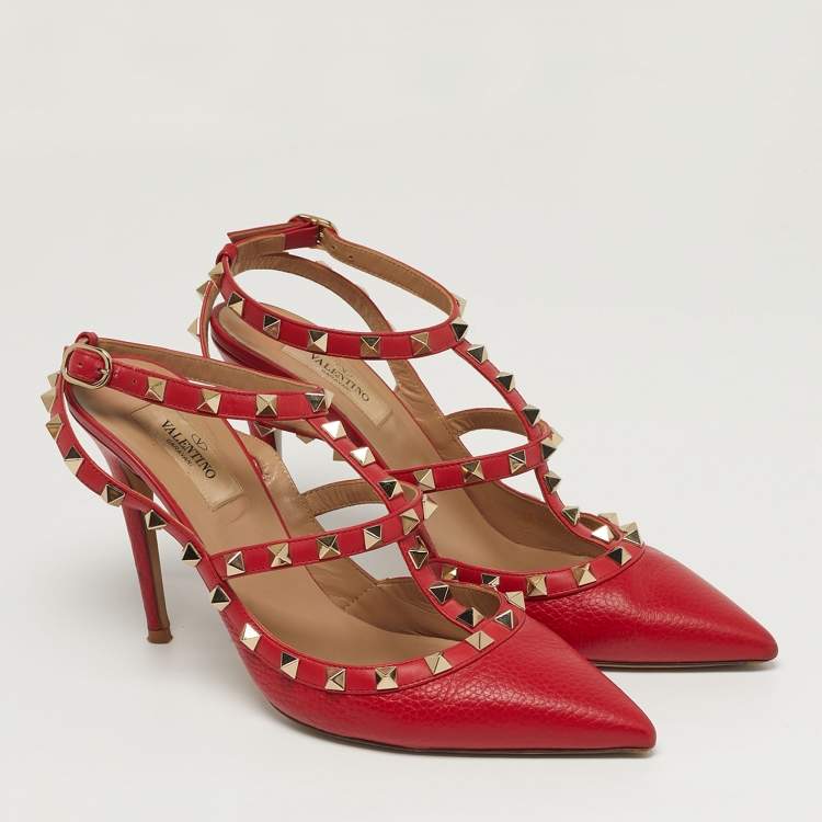 Pre Owned Valentino Rockstud Size 39 Red Leather Ankle Strap Pumps