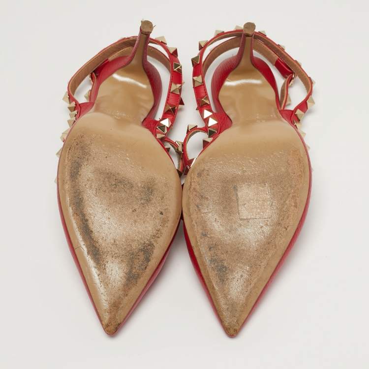Pre Owned Valentino Rockstud Size 39 Red Leather Ankle Strap Pumps