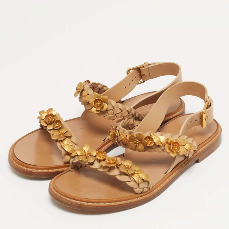 Pre Owned Valentino Ellis Size 37 Beige Leather Floral Embellished  Ankle Strap Sandals