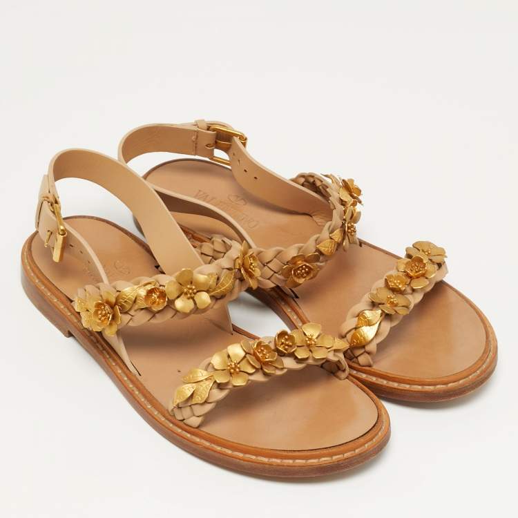 Pre Owned Valentino Ellis Size 37 Beige Leather Floral Embellished  Ankle Strap Sandals