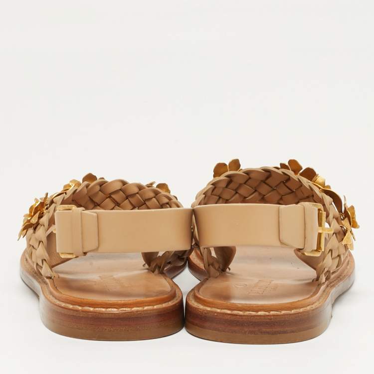 Pre Owned Valentino Ellis Size 37 Beige Leather Floral Embellished  Ankle Strap Sandals