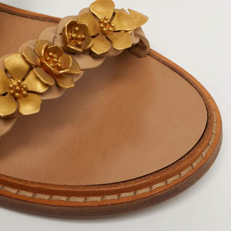 Pre Owned Valentino Ellis Size 37 Beige Leather Floral Embellished  Ankle Strap Sandals