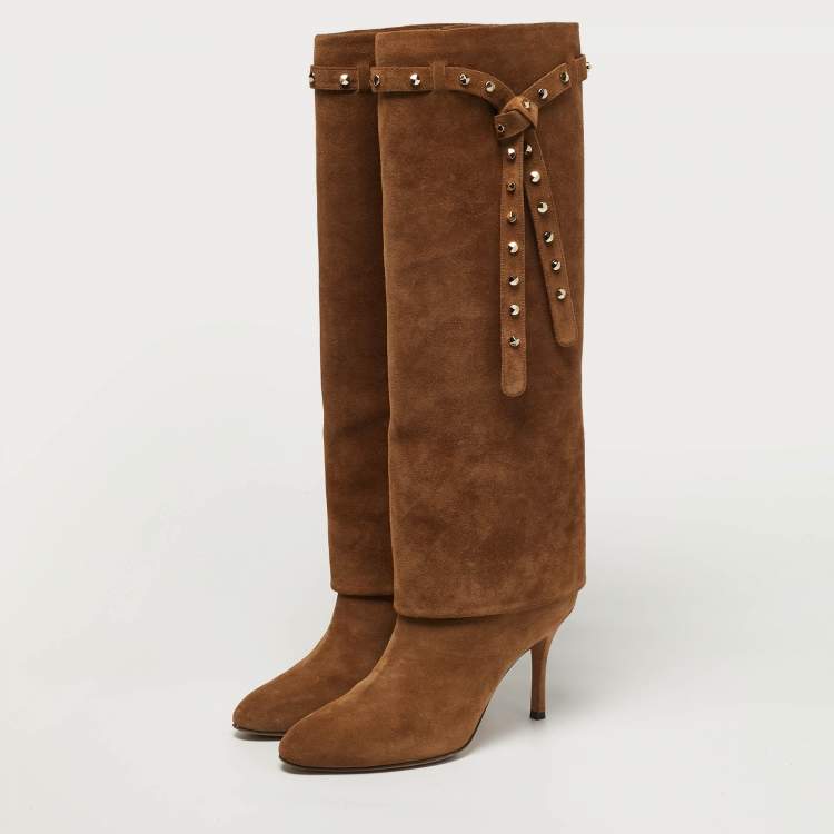 Pre Owned Valentino Rockstud Tie Size 38.5 Brown Suede Knee Length Boots