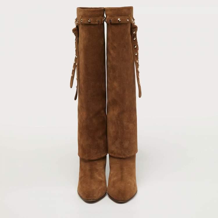 Pre Owned Valentino Rockstud Tie Size 38.5 Brown Suede Knee Length Boots