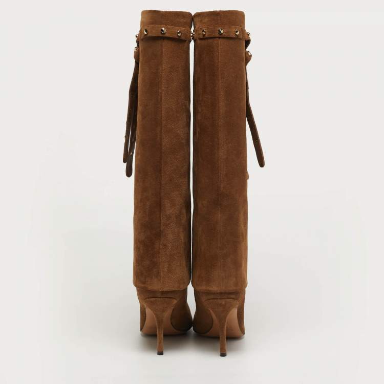 Pre Owned Valentino Rockstud Tie Size 38.5 Brown Suede Knee Length Boots