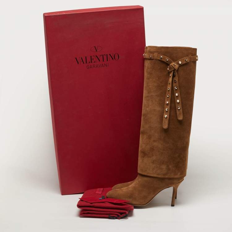 Pre Owned Valentino Rockstud Tie Size 38.5 Brown Suede Knee Length Boots