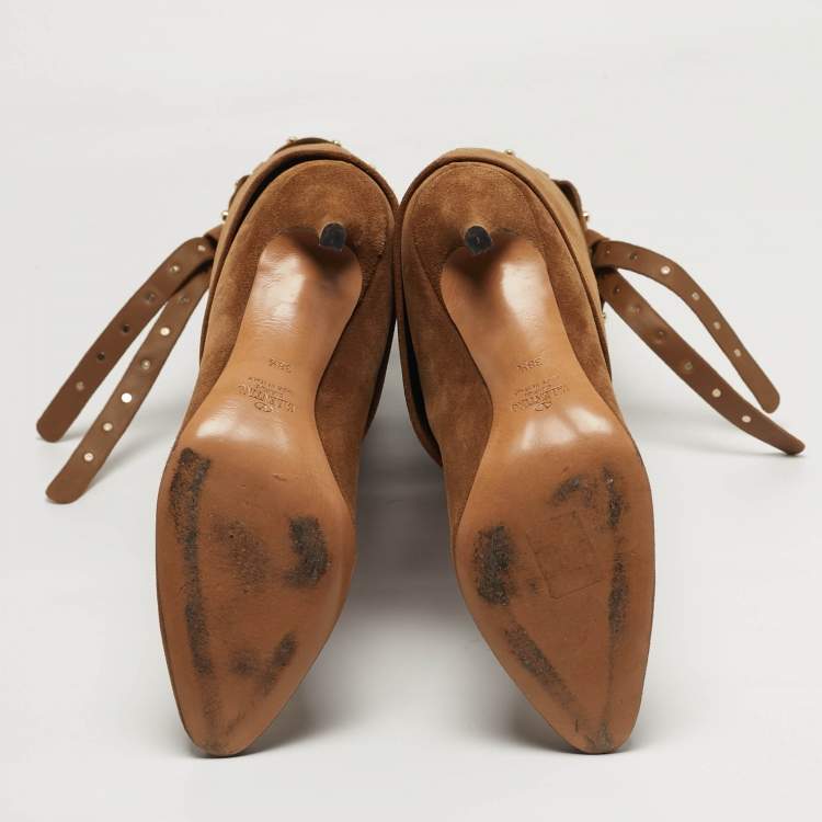 Pre Owned Valentino Rockstud Tie Size 38.5 Brown Suede Knee Length Boots