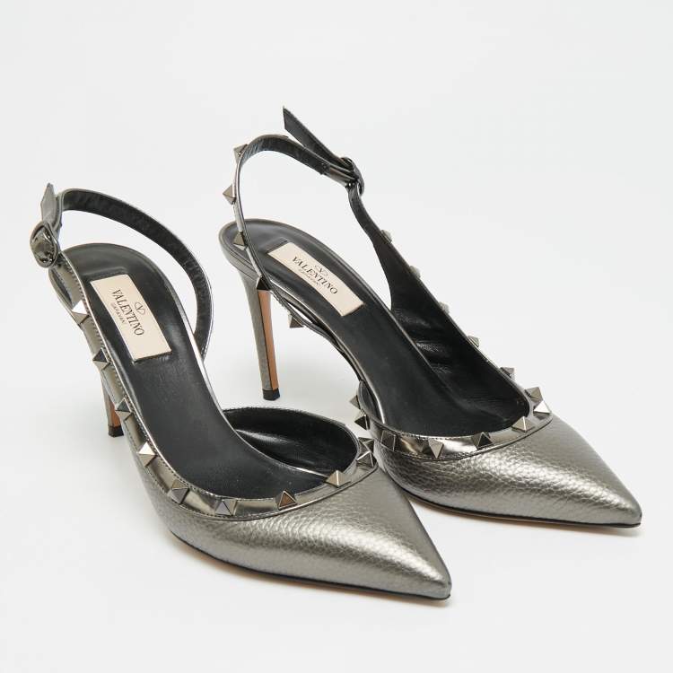 Pre Owned Valentino Rockstud Size 39 Metallic Leather D'orsay Pumps