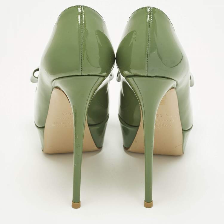 مملوكة مسبقًا Valentino Couture Size 36.5 Green Patent Leather Bow Peep Toe Platform Pumps