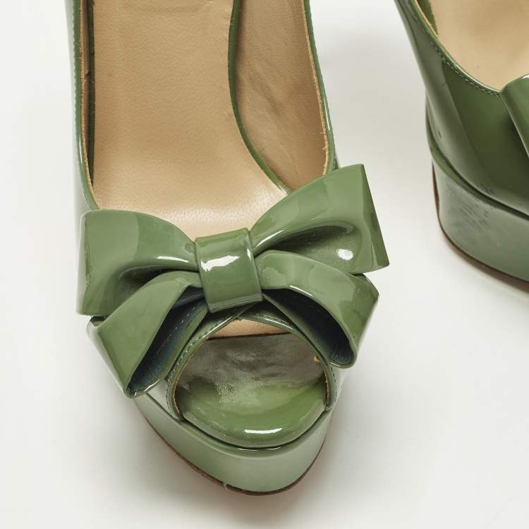 مملوكة مسبقًا Valentino Couture Size 36.5 Green Patent Leather Bow Peep Toe Platform Pumps