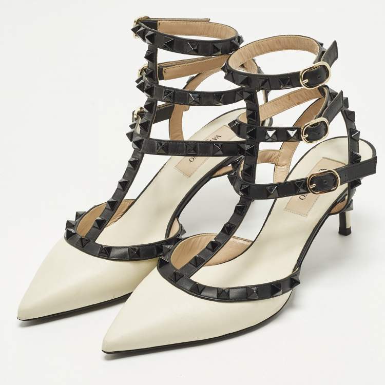 مملوكة مسبقًا Valentino Rockstud Caged Size 36 Off White/Black Leather Pumps