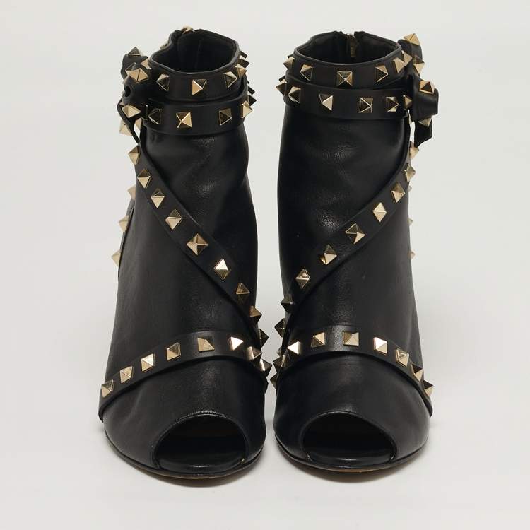 Pre Owned Valentino Rockstud Size 39 Black Leather Ankle Length Boots